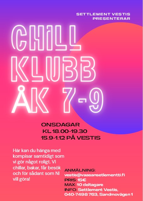 Chillklubb på Vestis onsdagar kl 18-19.30 för högstadie elever åk 7-9.