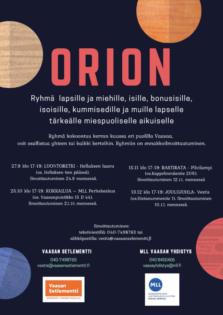 Mainos miehille ja lapsille tarkoitetusta Vaasan Setlementin Orion-ryhmästä.
