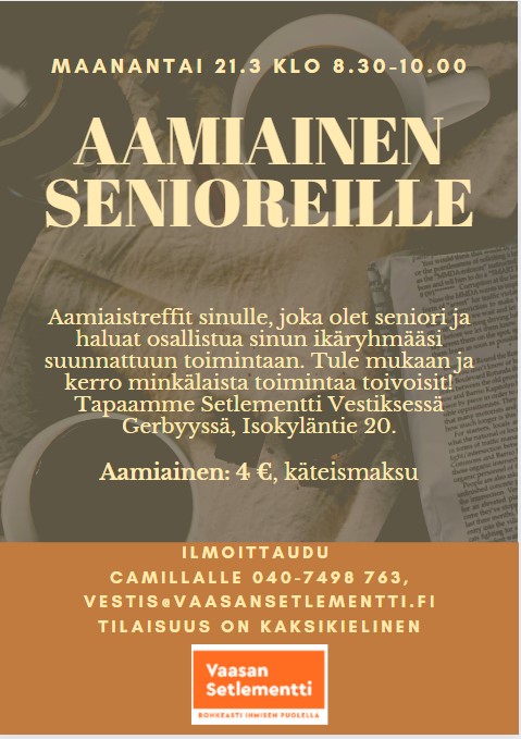 Mainos senioreiden aamiaisesta Vestiksessä.
