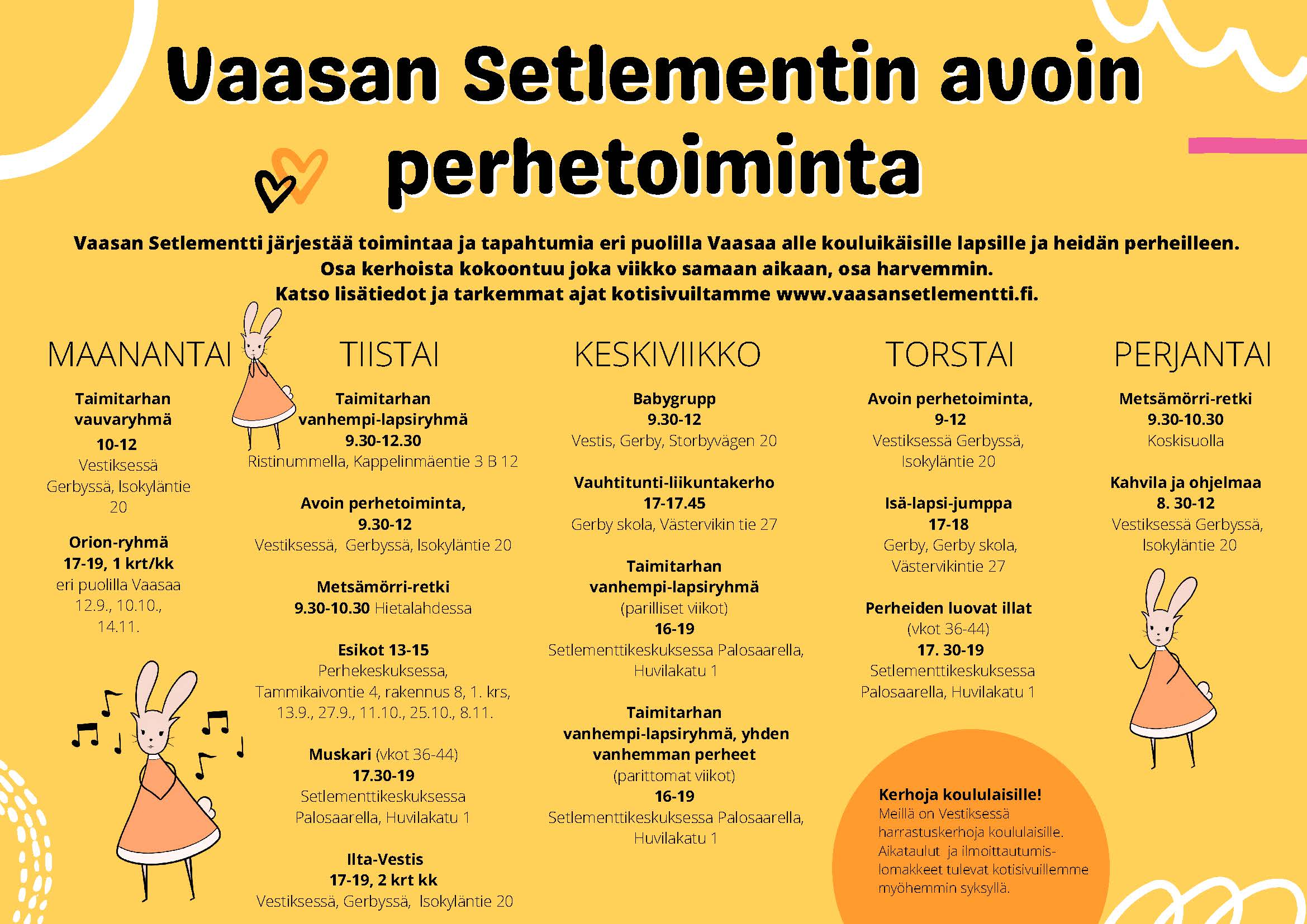 Avoin perhetoiminta, lukujärjestys, syksy 2022.