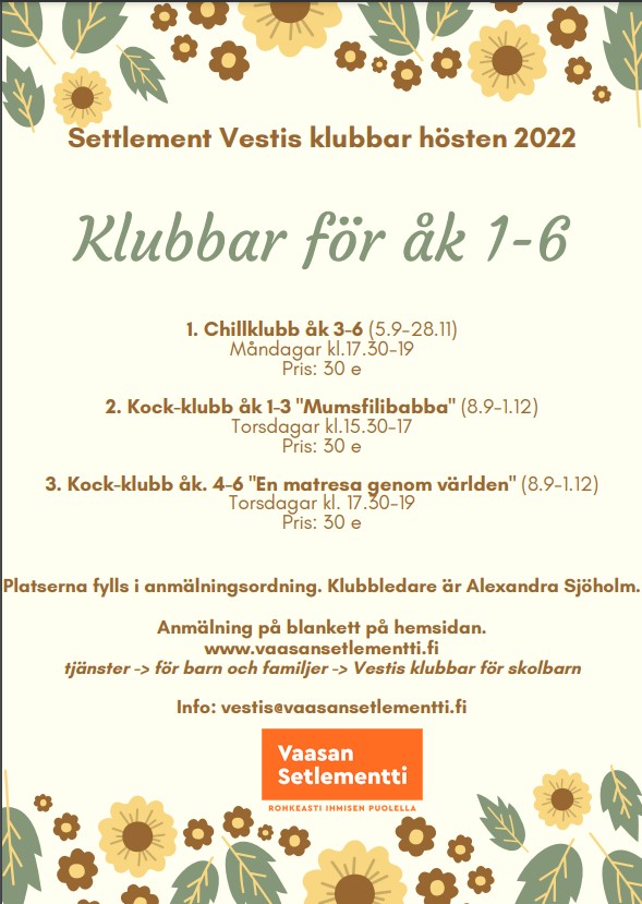 Mainos Vestiksen koululaisten kerhoista. syksy 2022
